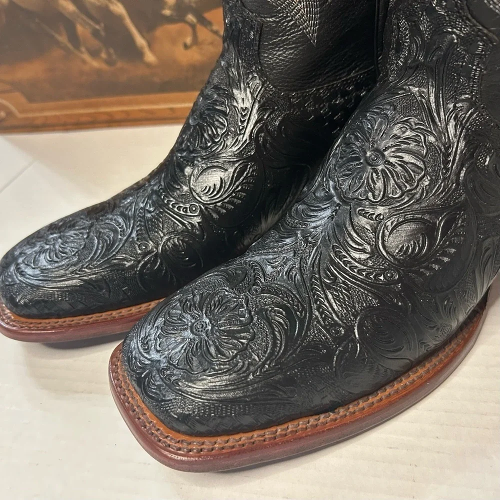 Men's Cowboy Boots Size 10 Black Leather Handmade Intricate Detail Square Toe